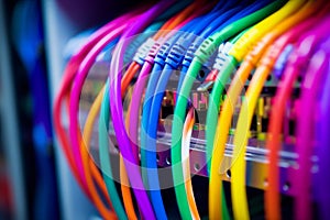 Colorful optic fiber electrical cables wires neon waves lines abstract 3d ai design background pattern glow colored