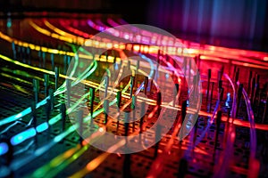 Colorful optical fibers on a dark background. Close-up. Generative AI