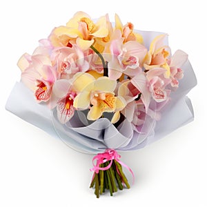Colorful Orchid Bouquet: Pink And Yellow Orchids Wrapped In Paper