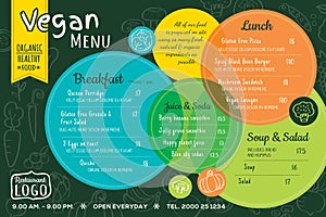 Colorful organic food vegan restaurant menu board or place mat template