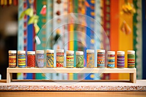 colorful organic spice jars lined on a spice rack