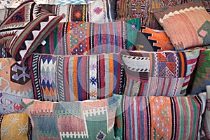 Colorful oriental pillows for sale at local middle eastern market in Istanbul, Turkey
