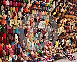 Colorful Oriental shoes in moroccan market