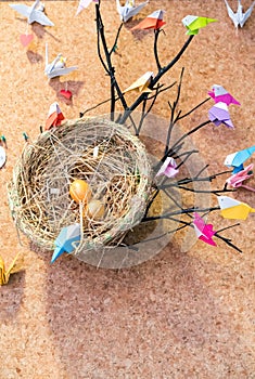 Colorful origami birds with colorful plastic pins and bird`s net