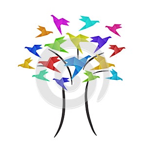 Colorful origami birds crane on tree, business logo, education c
