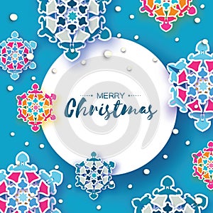 Colorful Origami Christmas Greetings card. Snowfall. Paper cut snow flake. Happy New Year invitation. Winter snowflakes
