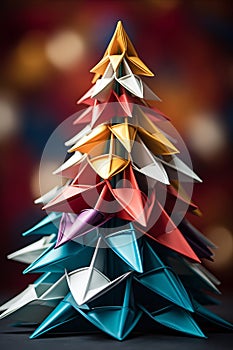 a colorful origami christmas tree on a dark background