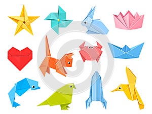 Colorful origami elements. Folded colored paper sheets, polygonal geometric shapes, japanese art and hobby, animals and photo