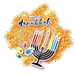 Colorful Origami Happy Hanukkah Greeting card on gold glitter background