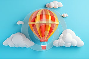 Colorful origami hot air balloon, white clouds on bright blue background.