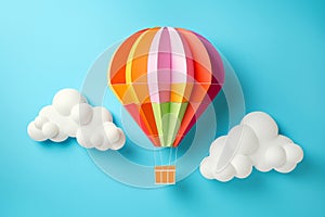 Colorful origami hot air balloon, white clouds on bright blue background.