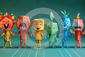 Colorful Origami Monsters Group on Vibrant Green Background with Unique Shapes and Expressions
