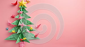 Colorful Origami Paper Christmas Tree on Pink Background