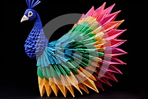 a colorful origami peacock with extended tail feathers