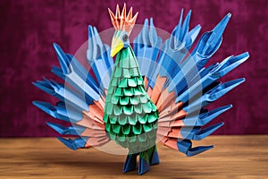 a colorful origami peacock with extended tail feathers