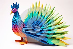 a colorful origami peacock with extended tail feathers