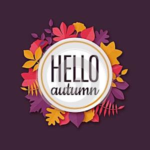 Colorful origami seasonal banner with text Hello autumn.