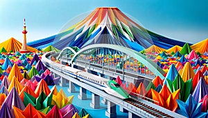 Colorful Origami Shinkansen and Mount Fuji Art