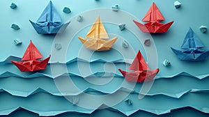 colorful origami ships on blue background