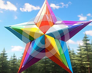 a colorful origami star in the sky with trees in the background