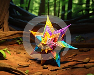 a colorful origami star in the woods