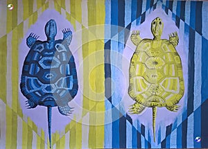 Colorful original tempera painting - turtles. T-shirt, fashion print, poster, etc.