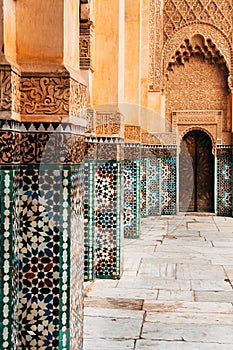 Colorful ornamental tiles at moroccan courtyard
