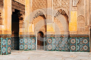 Colorful ornamental tiles at moroccan courtyard