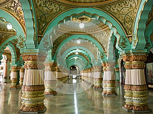 Colorful ornate interior halls of royal Mysore Palace, Karnataka, India