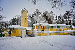 Colorful outbuildings of the Leninskie Gorki Estate in winter