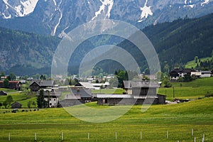 Colorful outdoor scene in the Austrian Alps. Summer sunny day in the Gosau village on the Grosse Bischofsmutze mountain, Austria