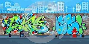 Colorful Outdoor Urban Streetart Graffiti Wall With Drawings Against The Background Of The Cityscape Vector Illustration