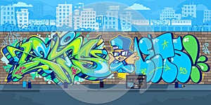 Colorful Outdoor Urban Streetart Graffiti Wall With Drawings Against The Background Of The Cityscape Vector Illustration