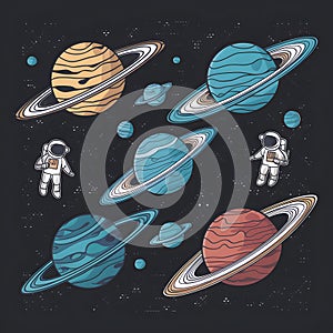 Colorful outer space scene with planets, ring systems, astronauts, and starry background Vast and wondrous