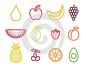 Colorful outline fruit icon set. Fruits icons in color stroke