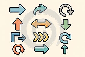 Colorful outlined arrow icon set in various directions and styles, arranged on a light beige background with a modern look photo