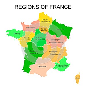 Colorful outlines map of France with names on white background