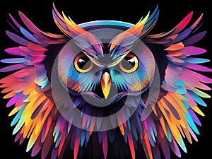 Colorful owl in flight with multi-colored feathers and dark background