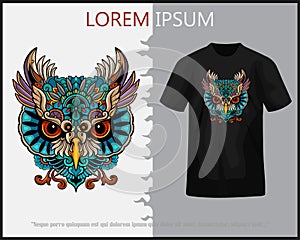 Colorful owl head mandala arts isolated on black t-shirt