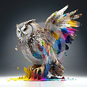 a colorful owl with its wings spread out on a white surface with paint splatters all over it and a black background behind it