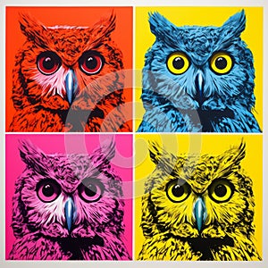 Colorful Owl Pop Art: Four Panels In Andy Warhol Style