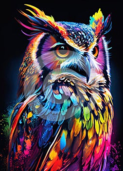 Colorful owl portrait on dark background by Generative AI