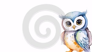 colorful owl wearing tiny backpack against white background, banner with copy space. watercolor illustration. concepts