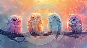 Colorful owls on a branch in a dreamy landscape - generative ai photo