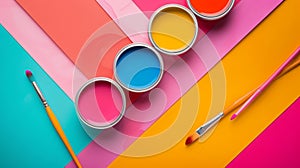 Colorful Paint Cans and Brushes on Vibrant Background