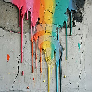 Colorful paint dripping down a concrete wall