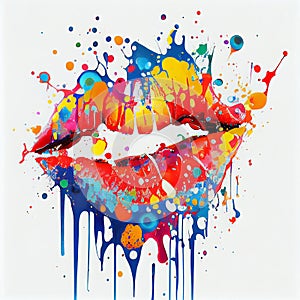 Colorful paint splash in shape of lips on white background