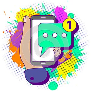 Colorful paint splashes with flat lay modern minimal hand holding mobile phone with new chat message notification. Text new