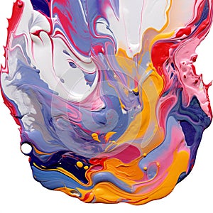 Colorful paint splashes isolated on white background,  Acrylic paints mixing in water