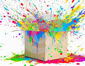 colorful paint splashes out of cardboard box - think outside the box concept